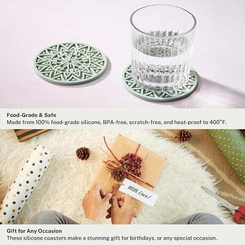 Hoomey Set of 6 Sage Green Silicone Coasters with Holder, Drink Coasters with Tribal Pattern Shape- for Table Protection, Anti Slip, Nonstick, Heat Resistant, Deep Tray thumbnail 6