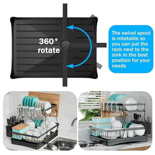 7 code Large Dish Drying Rack for Kitchen Counter, Detachable Large Capacity Dish Drainer Organizer, 2-Tier Dish Racks with Utensil Holder, Black thumbnail 3
