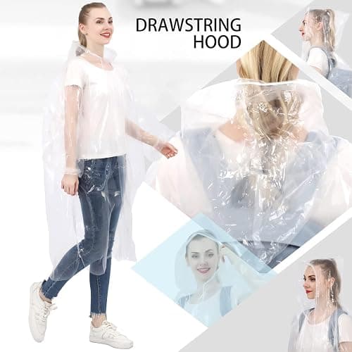 SWOGAA Disposable Rain Ponchos 6/10 Pack for Adults Extra Thick Long Sleeve | Clear Extra Thick PE Material, Long Sleeves with Elastic Cuffs for Travel, Camping, Festivals thumbnail 4