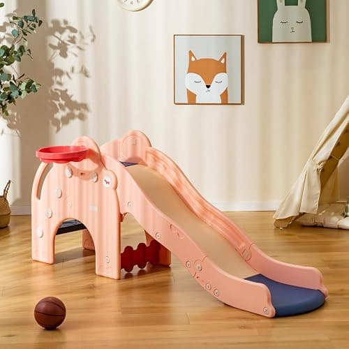 COSTWAY 4 en 1 Toboggan Enfant en Forme Éléphant avec Panier de Basketball, Toboggan Extérieur Intérieur en HDPE avec Ballon, Aire de Jeux pour Glisser & Grimper, Charge 50kg pour 18 Mois+(Rose) thumbnail 2