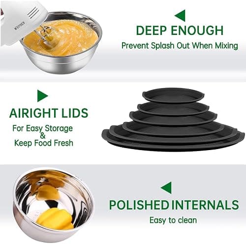 WEPSEN Mixing Bowls Set, 27PCS Stainless Steel Mixing Bowl with Lid Set, Large Nesting Bowls 7, 4.5, 3, 2.5, 2, 1.5QT, Measuring Cups and Spoons Baking Utensils Metal Bowl for Kitchen Prep - E-Black Bowls Set thumbnail 7