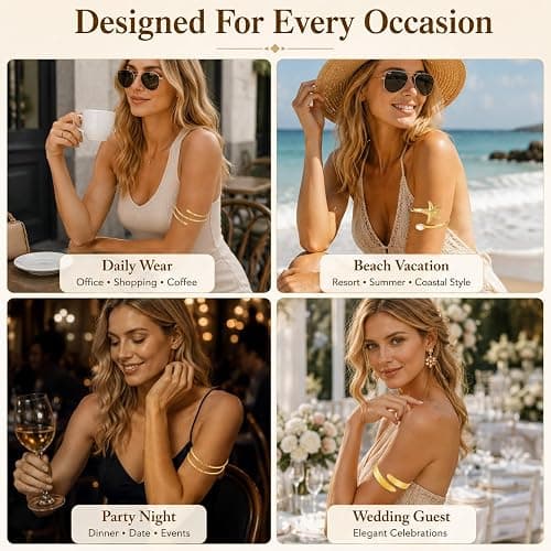 KOVLYNE 6 PCS Boho Gold Arm Cuff Jewelry for Women - Adjustable Minimalist Upper Arm Cuffs Bracelet Bangle Set for Beach Party Gifts thumbnail 3
