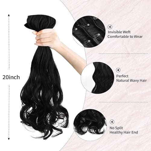 Vlasy Hair Extensions Clip in,7PCS Wavy Clip in Extensions,20 Inches Long Synthetic Clip on Hair Hairpiece Full Head for Women Girls(1B#) thumbnail 2