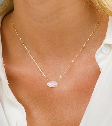 TLY Gold Necklace for Women Non Tarnish 14k Gold Plated Dainty Preppy Pendant Necklace Oval Gemstone Crystal Druzy Stone Rose Quartz Choker Necklace Birthday Wedding Everday Birthstone Jewelry Gifts for Mom thumbnail 2