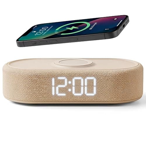 Lumoday Fabric Digital Alarm Clock for Bedroom, Wireless Charging, Beige | Wireless charging, USB-C port, dual alarm, 30-min snooze, dimmable display, ambient light, battery backup, bedside use - Image 1