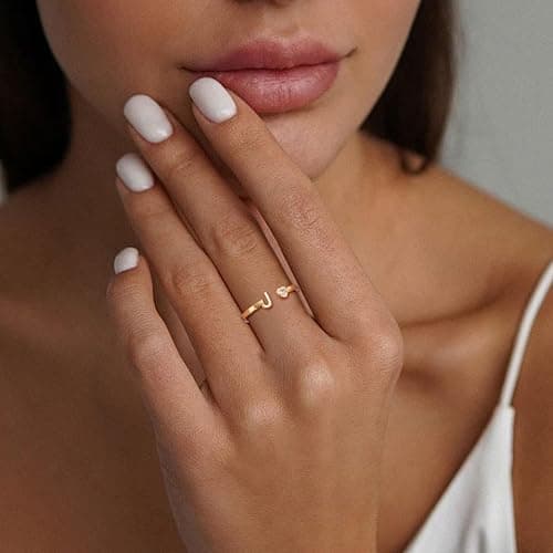 Stocking Stuffers - Initial Rings for Women Teen 14K Gold Plated Birthstone Rings Stackable Dainty Letter Rings Christmas Birthday Birthstone Jewelry Gifts for Mother Daughter,Adjustable Size 5-10 thumbnail 3