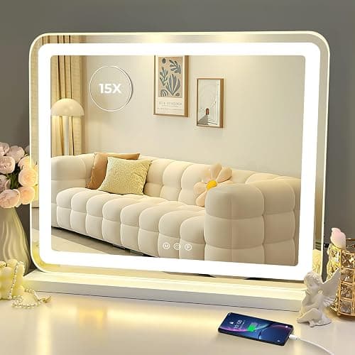 LuxeVue Vanity Mirror with Lights, 23" x 19" Large Makeup Mirror with 3 Color Modes & Adjustable Brightness, Detachable 15x Spot Magnification, Smart Touch Control,Plug in(Tabletop & Wall-Mounted) thumbnail 8