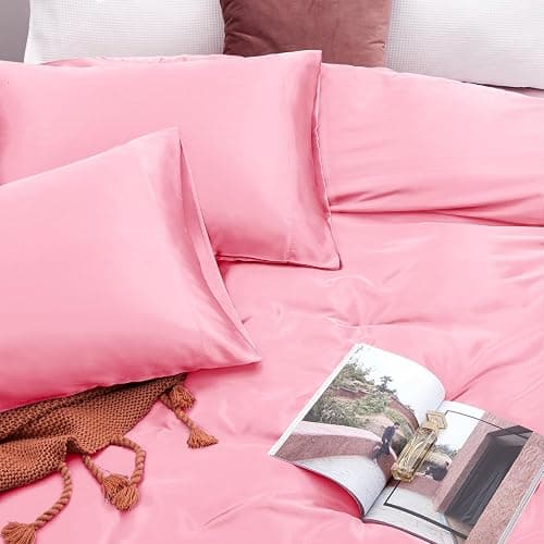 Vonty Satin Sheets Full Size Silky Soft Satin Bed Sheets Bright Pink Sheet Set, 1 Deep Pocket Fitted Sheet + 1 Flat Sheet + 2 Pillowcases thumbnail 5
