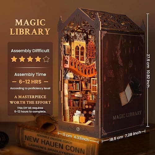 Book Nook Kit, DIY Dollhouse Booknook, Miniature House Kit for Adults and Teens, Library Tiny okshelf Decor, 3D Wooden Puzzle Bookends with Sensor Led Light, Gifts for Family, Friends thumbnail 2