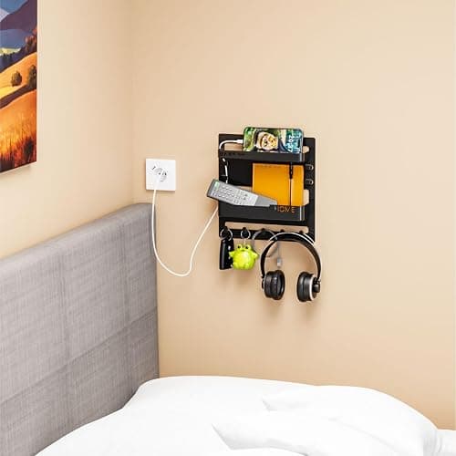 Yieach Bedside Shelf for Dorm Bed,Rv,Small Room and Nightstand,Wall Mounted Floating Shelves and Bedside Wall Organizer for Remote,Phone Holder,Charging Shelf,Cute Bedroom Decor for College Girl,Black thumbnail 3