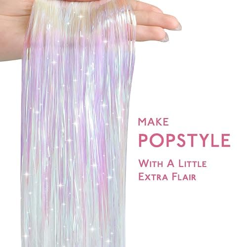 WENNALIFE Hair Tinsel for Girls, Bright White Fairy Kit 1200 Strands 6PCS 48 Inch Heat Resistant Glitter Tinsel Hair Extensions Kit Christmas Feathers Sparkle Strands thumbnail 2