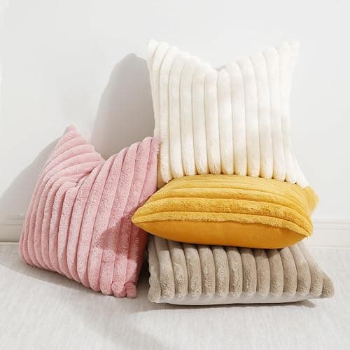 decorUhome Faux Fur Christmas Throw Pillow Covers 18x18 Set of 2, Decorative Soft Plush Striped Neutral Couch Euro Pillow Covers with Velvet Back for Sofa, Bed, Living Room Home Decor, Cream White thumbnail 4