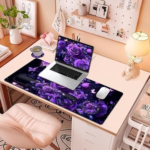 Large Mouse Pad + Keyboard Wrist Rest Set, Extended Gaming Mousepad (31.5X11.8 inch) with Non-Slip Rubber, Ergonomics Memory Foam Mouse Wrist Rest Support, Purple Flowers Painting XXL Desk Pad thumbnail 7