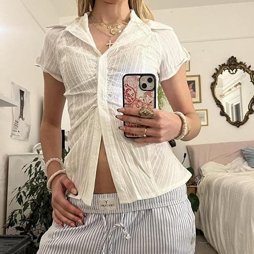 Women Y2k Short Sleeve Button Down Shirts Coquette V Neck Collared Crop Tops Vintage Slim Fit Going Out Blouse thumbnail 4