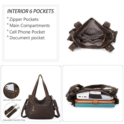Angel Kiss Women's Designer Handbag Large Double Zipper Multi Pocket Washed Leather Purse thumbnail 4
