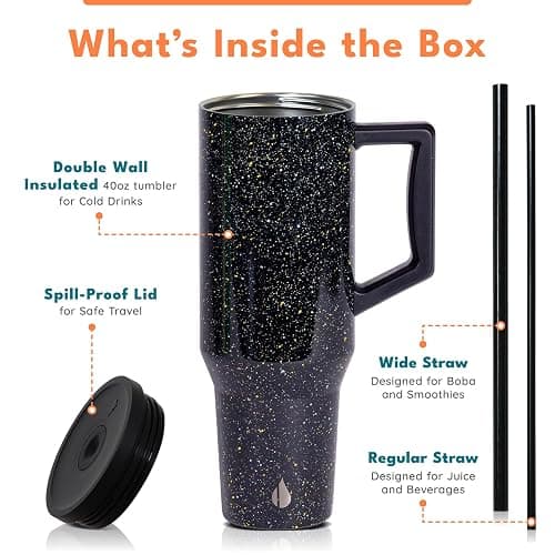 Elemental 40 oz Tumbler with Handle and Straw - Spill Proof Insulated Stainless Steel Commuter for Cold Beverages - Travel Coffee Mug with 2 Straws & Spill Proof Lid - 40oz - Black Speckle thumbnail 3