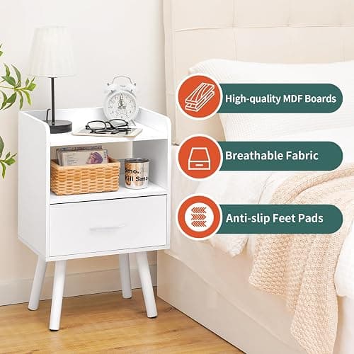 Yoobure Modern Nightstand with Drawer, Bedside Tables, Mid Century Nightstands with Open Storage Shelf, Wood Bedside Table, Small Night Stands for Bedrooms, 2-Tier Night Table thumbnail 4