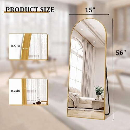 POMILER Arched Full Length Floor Mirror with Gold Aluminum Frame, 56"x15" | HD Tempered Glass, Wall or Floor Mount, Distortion-Free Reflection, Float Glass & Alloy, Multiple Display Options thumbnail 2