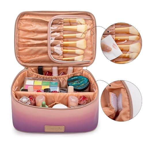 Montana West X Wrangler Travel Makeup Bag 2pcs Set Large Cosmetic Bag with Makeup Brush Holder Portable Make Up Organizer Cute Toiletry Bag with Divider and Handle for Women Gradient thumbnail 3