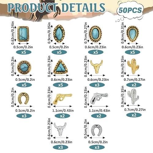50 PCS Turquoise Nail Charms - 3D Western Nail Charms Vintage Turquoise Gems Stones Art, Retro Metal Gold Silver Cowboy Cowgirl Western Art Stickers Accessories Women DIY thumbnail 3