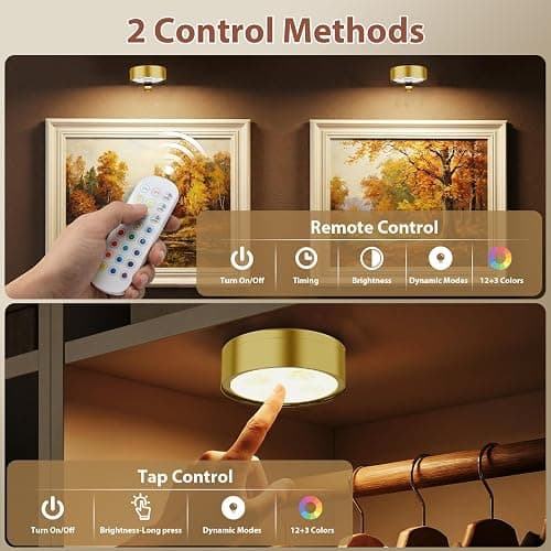 Bawoo 3Pcs Picture Lights for Wall RGB Magnetic Rechargeable Wall Lights,Wireless Battery Operated Art Lights for Paintings,Remote, Dimmable, Timer,Stick On Display Lamp,Poster Light,Puck Light,Gold thumbnail 7