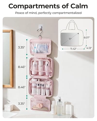 BAGSMART Travel Toiletry Bag for women, Portable Hanging Hook Makeup Bag Organizer, Waterproof Makeup Cosmetic Bag, for Full-Size Accessories, Toiletries, Camel thumbnail 2