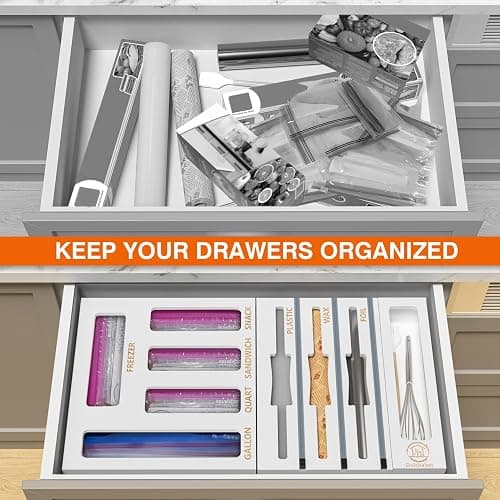 DALSHABET 9 IN1 Bamboo Storage Bag Drawer Organizer with Cutter, Foil and Plastic Wrap Dispenser for Kitchen Storage Compatible with All Brands Gallon, Quart, Sandwich & Snack Size Bags - White thumbnail 4