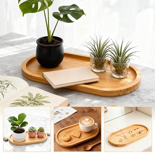 FHUIEWRY 4 Pack Oval Bamboo Bathroom Serving Trays, Wooden Vanity Tray | Oval bamboo counter tray, wooden soap holder for bathroom, countertop jewelry, cosmetics, candle, kitchen& small item storage thumbnail 6