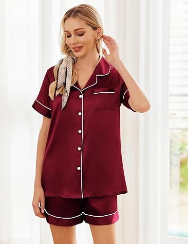 Ekouaer Womens Silk Satin Pajama Sets Soft Short Sleeve Button Down Sleepwear Top and Shorts 2 Piece Pjs Lounge Set thumbnail 4