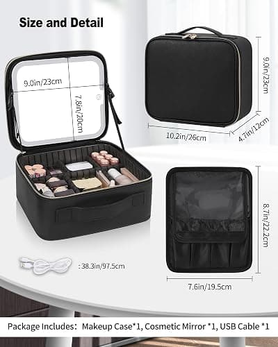 TANTO Makeup Bag With LED Mirror, Travel Makeup Case with Light up Mirror Large Cosmetic Case with 3 Color Lighted Portable Organizer Bag with Adjustable Dividers（Black） thumbnail 2