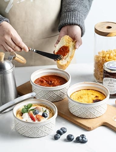 MISSYSSIM 12 oz Souffle Ramekins Oven Safe with Lids, Small Creme Brulee Dishes, Ceramic Custard Cups Baking Bowls for Dessert, Dipping Sauce, Pudding, Set of 4, Beige thumbnail 2