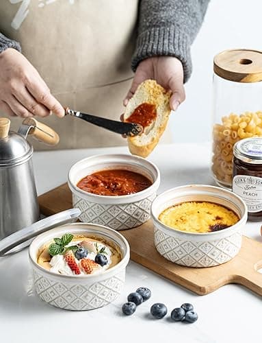 MISSYSSIM 12 oz Souffle Ramekins Oven Safe with Lids, Small Creme Brulee Dishes, Ceramic Custard Cups Baking Bowls for Dessert, Dipping Sauce, Pudding, Set of 4, Beige thumbnail 3