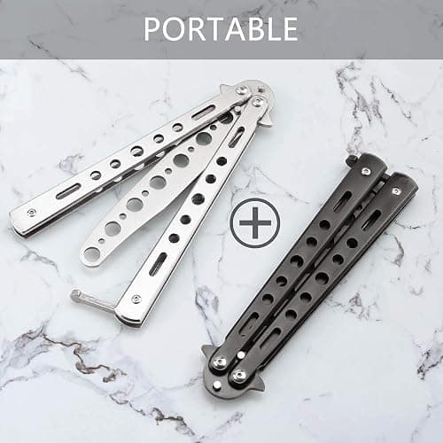 Little World Butterfly Knife - 2 Pack Butterfly Knife Trainer Practice Tool Steel Metal - Folding Unsharpened Comb for Practicing Flipping Tricks, Balisong Trainer Black & Silver thumbnail 4