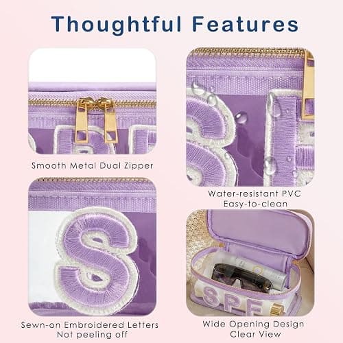 RSRSLEII Clear Waterproof Summer SPF Makeup Bag，Aesthetic Transparent Letter Patch Cosmetic Bag with Metal Zipper, Preppy Sunscreen Accessories Storage Organization, Beach Travel Purse(08Purple) thumbnail 4