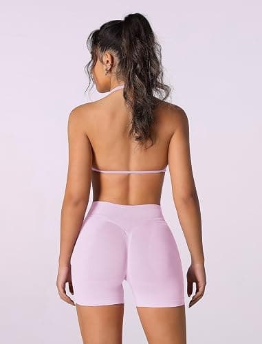 ABOCIW Womens Seamless Workout Sets 2 Piece Strappy Halter Sports Bra Scrunch Butt Shorts Gym Yoga Outfits thumbnail 2