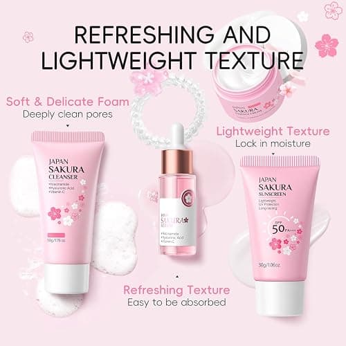 9PC Sakura Skin Care Set for Teen Girls, Japanese Skincare Gift Kit | Sakura skin care gift kit with cleanser, serum, cream, sunscreen, brush, headband, hair tie, card & bag for teen pamper thumbnail 2