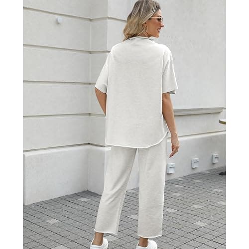 SeeLuNa Women's Two Piece Outfits 3/4 Batwing Sleeve Capelet Crew Neck Pullover Top Wide Leg Pants Lounge Set thumbnail 2
