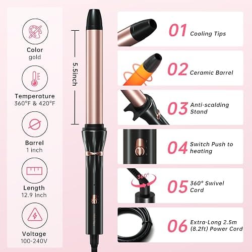 Hahahope 1 Inch Curling Wand, Long Barrel Ceramic Curler for Loose Waves | Clamp-free design creates natural curls without creases, 2 Heat Settings, Global Voltage 100-220V, 30s fast heating thumbnail 8