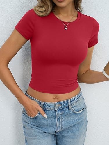 Eachyes Womens Short Sleeve Crop Tops Slim Fitted Crewneck Baby Tee | Buttery-soft & High-stretch Fabric, Summer Basic T Shirts, Y2k Casual, Going Out&Daily Wear, Layer or Wearing Alone, Workout thumbnail 2