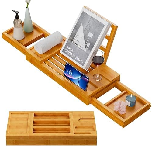 Yirilan Premium Bath Tray, Expandable Bathtub Tray Caddy, Bamboo Bath Shelf with iPad & Phone Holder, New Home, Anniversary and Wedding Gifts, Bridal Shower Gift for Women thumbnail 8