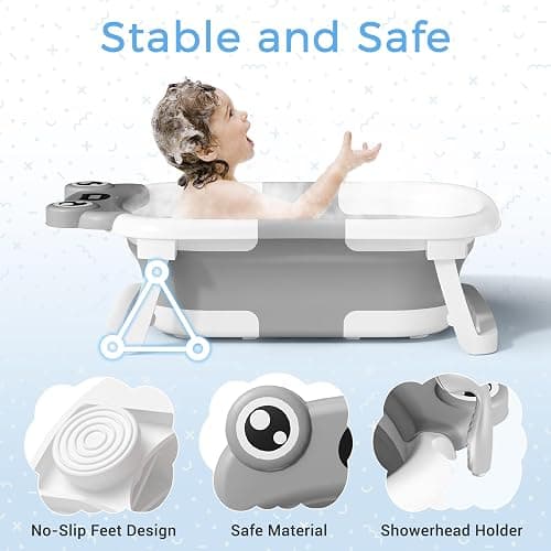 Baby Bathtub, Collapsible Newborn Bathtub for Infant to Toddler 0-24 Months with Soft Cushion and Thermometer,Portable Travel Newborn Tub with No-Slip Feet, Baby Shower Gifts,Grey thumbnail 3