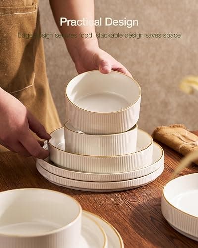 famiware Star Dinnerware Set, Plates and Bowls Sets for 4 (12pcs), Ribbed Stoneware Dishes - Chip & Scratch Resistant, Microwave & Dishwasher Safe Tableware, White thumbnail 6