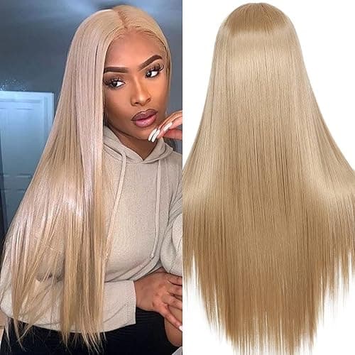 Sapphirewigs Ash Blond Lange gerade Perücke für Frauen Spitze vorne Perücken mit mittelTeil japanische synthetische Haare 150% Dichte Täglich Halloween Weihnachten hitzebeständig 26 inch thumbnail 6