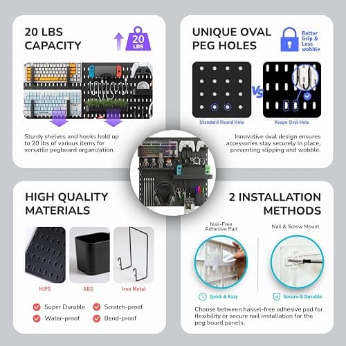 Keepo Pegboard Combination Kit, Pegboards and Accessories Modular Hanging for Gaming Setup, Gaming Station Peg Board, Gaming Organizer, Wall Game Controller Holder, Headset Stand (Black, 22″×22″) thumbnail 6