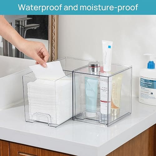 Vtopmart 7.6" H Clear Stackable Storage Drawers, 4 Pack Plastic Organizers Bins for Skincare, Cosmetics,Beauty Supplies,Ideal for Vanity, Bathroom,Kitchen Countertop,Cabinet Organization thumbnail 7