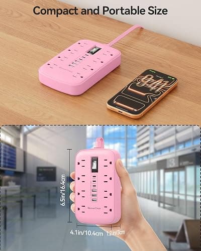 Pink Extension Cord with 6 USB(3 USB-C) 8 Outlets, Flat Plug Power Strip | 5FT, 1625W, Surge Protector, USB-C (15W), Cute Kawaii Pink Office Dorm Home Room Decor, Desk Accessories for Women Girl thumbnail 9