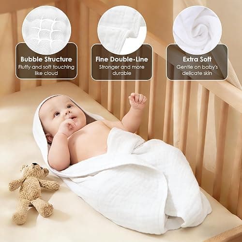 Sunny zzzZZ Muslin Hooded Baby Bath Towels - 3 Pack 100% Cotton Soft Low-Saturation Pastel Towels Including Classic White for Newborns, Infants, Toddlers - 32x32 Inch - Ivory, Brown and White thumbnail 7