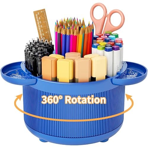 360 Degree Rotating Desk Organizer, Pencil Pen Holder with 5 Compartments and Tray Accessories, Desktop Supplies Organizers, Smooth Rotating Pen Holder Apply for Home, Office, School (Dark Blue) - Dark Blue - Image 1