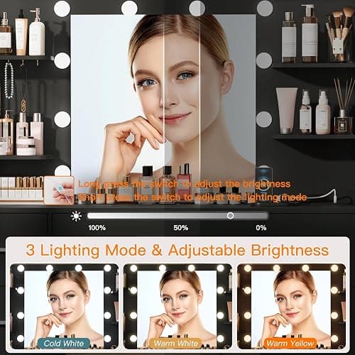 Quimoo Large Vanity Desk with LED Lighted Mirror & Power Outlet,Makeup Vanity Table with 7 Drawers,4 Shelves and 5 Hooks,Vanity Table, Vanity Desk Set for Bedroom,Bathroom，Black thumbnail 5