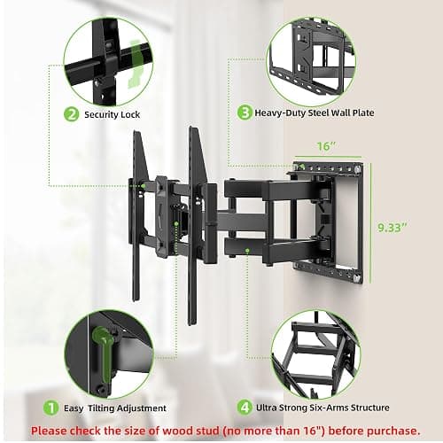 USX Mount Full Motion TV Wall Mount for Most 42-90 inch Flat Screen/LED/4K, TV Mount Bracket Dual Swivel Articulating Tilt 6 Arms, Max 16" Wood Studs, VESA 600x400mm, Holds up to 132lbs thumbnail 4